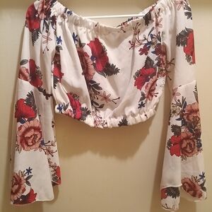 White Floral Off-Shoulder Crop Top with Red Blooms